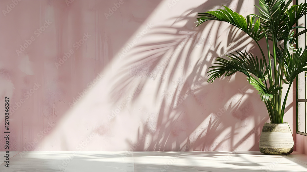 Sunlight casting shadows of a palm plant on a pink wall in a serene indoor setting Sunlight casting shadows of a palm plant on a pink wall in a serene indoor setting