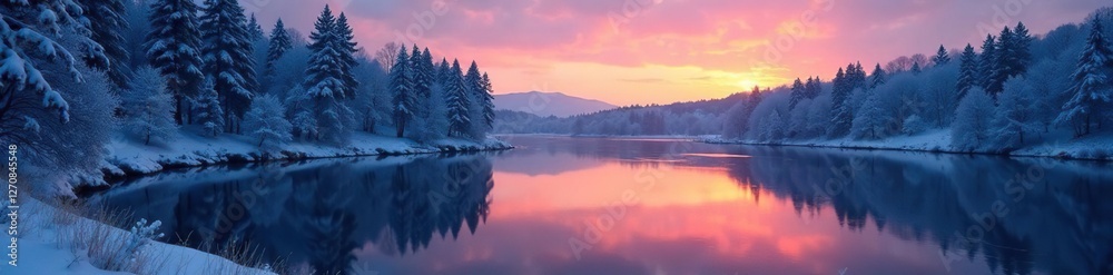 River and snow covered trees reflected in the stillness of dusk, river, natural, calm scene River and snow covered trees reflected in the stillness of dusk, river, natural, calm scene