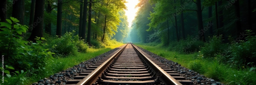 Obraz premium Railway disappearing into dense forest of trees, railway, forest