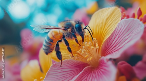 Bumblebee collecting nectar from pink flowers in a vibrant garden during a su...