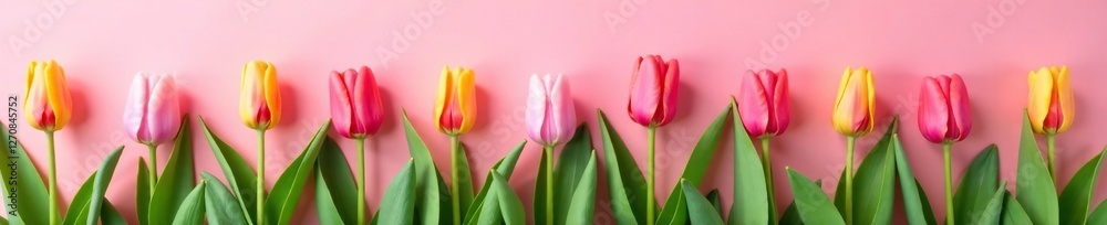 Spring tulip bouquet on a bed of lush green foliage against soft pink backdrop, bloom, garden Spring tulip bouquet on a bed of lush green foliage against soft pink backdrop, bloom, garden