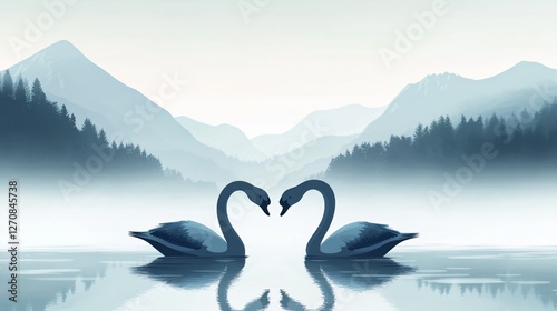 Swan Romance on Tranquil Lake with Heart Formation