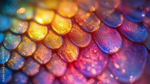 Colorful close-up of fish scales under bright light showcasing vibrant textur...