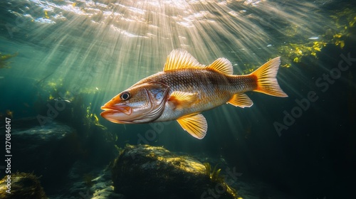 Fish caught on a hook swimming through clear water with sunlight filtering fr...