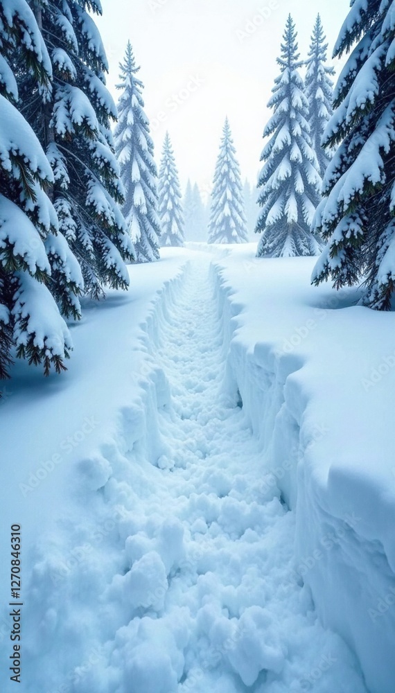 Fototapeta premium Avalanche of snow sweeps through the trees, burying everything under its path, snow storm, winter, trees