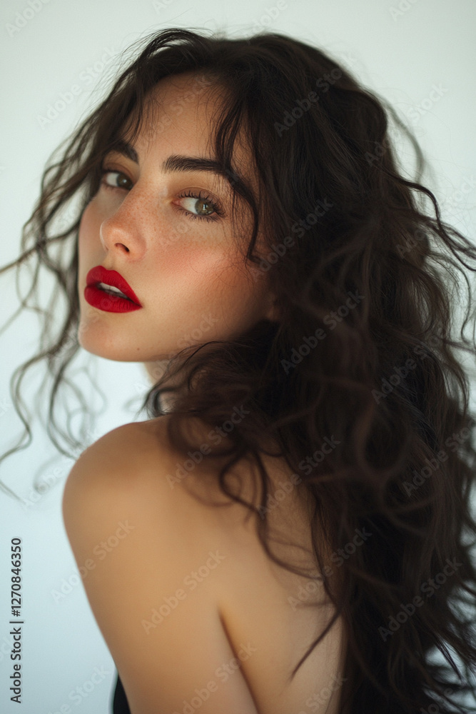 Woman with long curls and red lipstick looking over shoulder Woman with long curls and red lipstick looking over shoulder