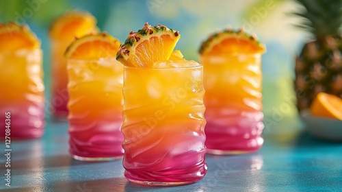Refreshing tropical cocktails garnished with fresh fruit slices in a vibrant ...