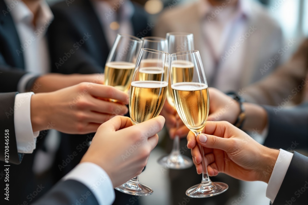 Group of people in formal attire toasting with champagne glasses. Group of people in formal attire toasting with champagne glasses.