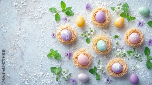artistic flat lay of vibrant sweet noodle nests covered in milk chocolate coating with pastel coloured chocolate eggs