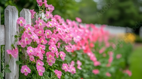 Vibrant pink flowers blooming along a wooden fence in a sunny garden setting