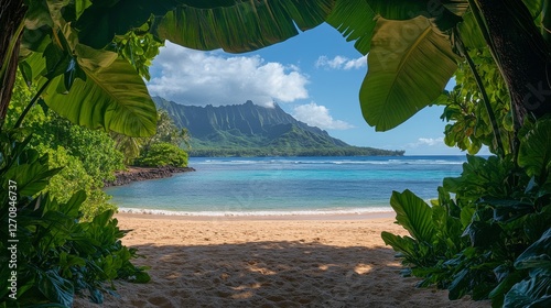 Serene beach view framed by lush foliage and mountains during a clear day in ...