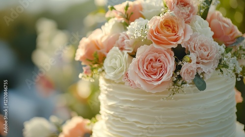 Elegant wedding cake adorned with fresh roses and delicate flowers in a brigh...
