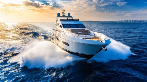 Luxury yacht gliding across the waves at sunset near coastal city