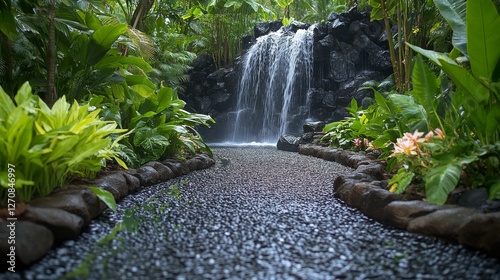 Serene waterfall cascades through lush greenery in a tranquil rainforest setting