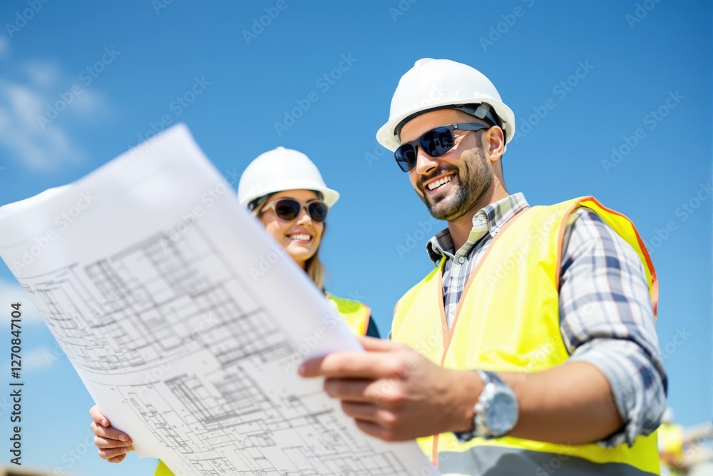 Smiling architects reviewing blueprints under bright sunlight in outdoor setting. Smiling architects reviewing blueprints under bright sunlight in outdoor setting.