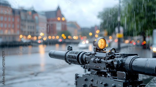 World War II Machine Gun In Rainy City Street photo