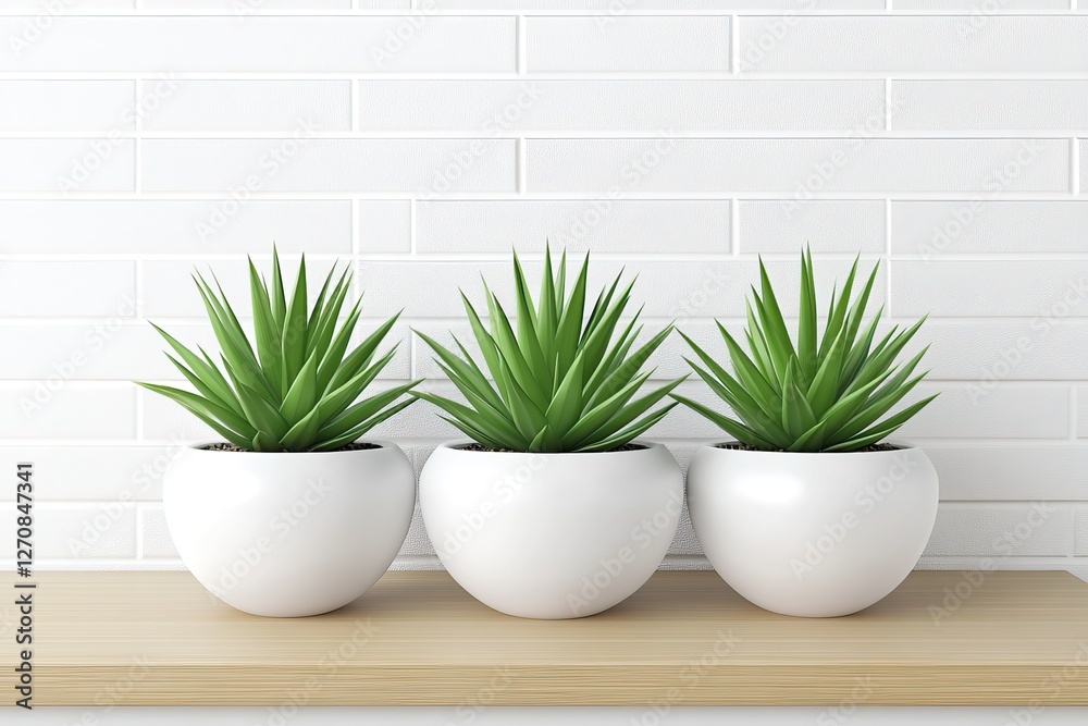 Obraz premium Three succulents, white pots, wood shelf, brick wall