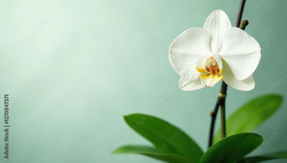 Fototapeta premium White orchid with lush green leaves and stems, nature, plant
