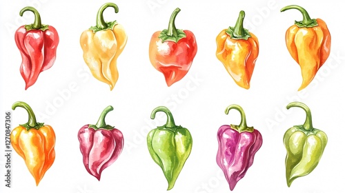12 Watercolor-Style Illustrations of Colorful Habaneros