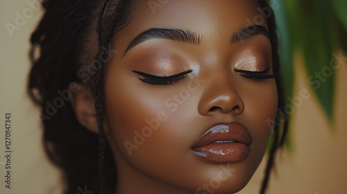 Beauty portrait of a young woman with freckles and striking eyes surrounded b...