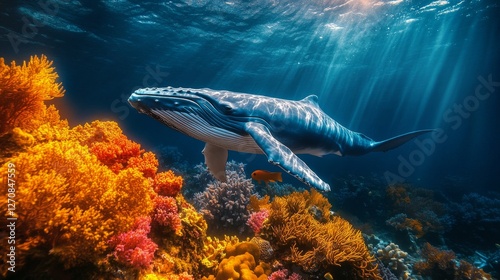 Humpback whale swimming among colorful coral reefs in vibrant underwater setting
