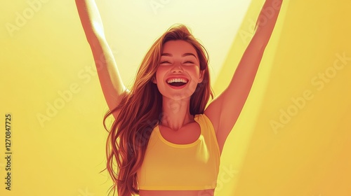 Woman expressing joy under bright yellow sunlight during summer