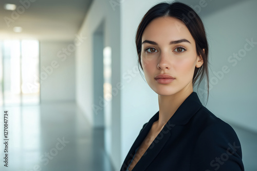 Confident young woman wearing a black blazer standing in a modern office with a serious expression, representing professionalism and empowerment Free Download Confident young woman wearing a black blazer standing in a modern office with a serious expression, representing professionalism and empowerment - GFXLoad