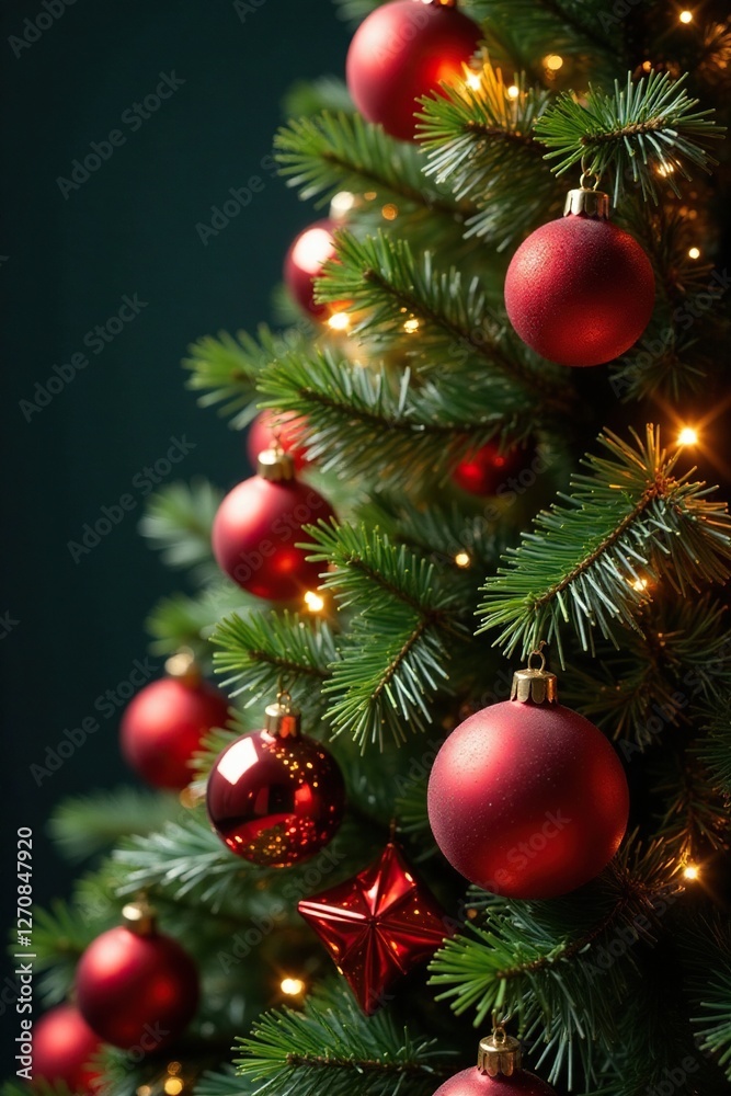 Sparkling glass balls placed around a towering Christmas tree, garland, decorations Sparkling glass balls placed around a towering Christmas tree, garland, decorations
