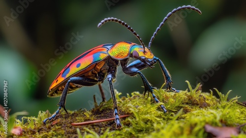 Colorful insect on lush moss with a shimmering background in a vibrant forest...