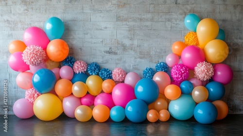 Colorful balloons and star-shaped balloon arrangement in festive indoor celeb...