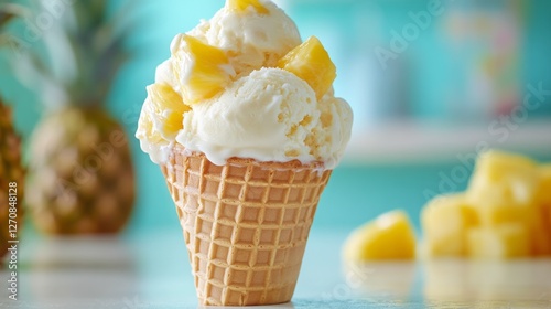 Delicious pineapple ice cream cone served with fresh pineapple slices in brig...