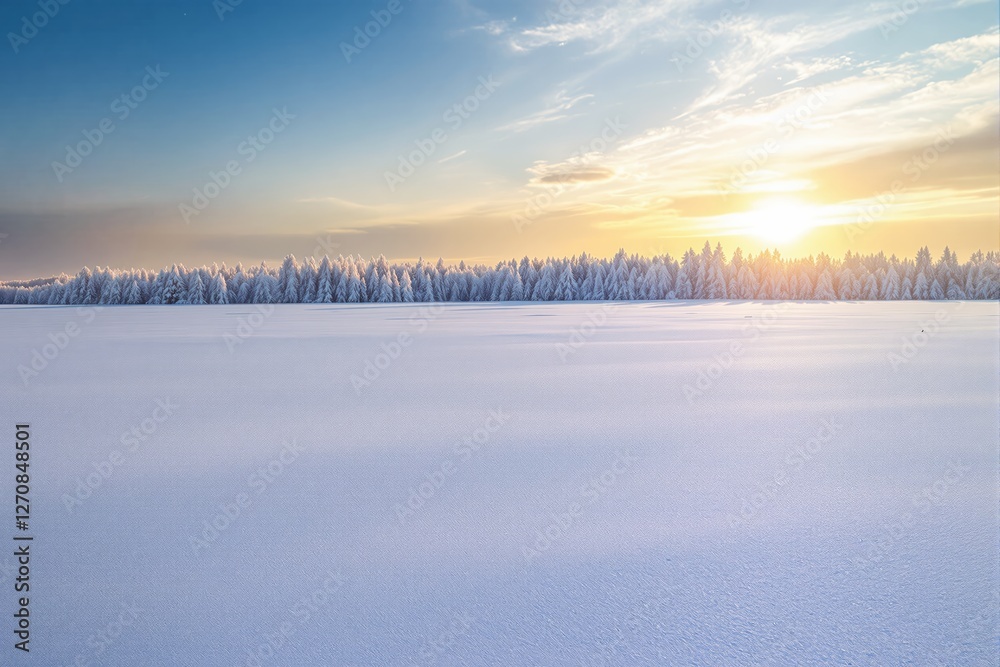 Snowy landscape with frosted trees and a radiant sunset on a clear sky background. Snowy landscape with frosted trees and a radiant sunset on a clear sky background.