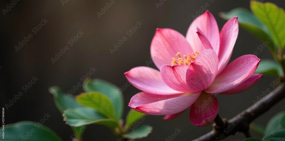 Dainty pink petals unfolding on a wooden branch, rustic, gentle, wood