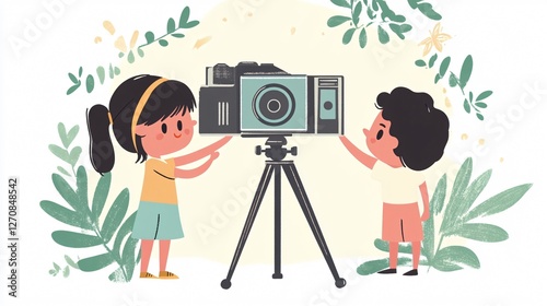 Children Playing with Vintage Video Camera