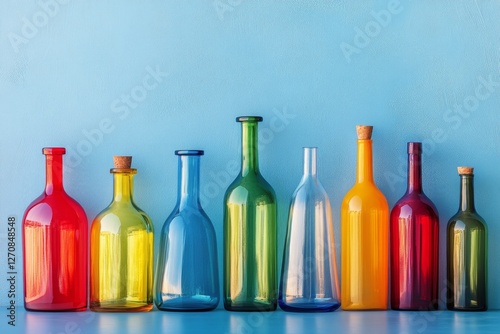 Colorful glass bottles arranged in a line on a blue background showcasing art...