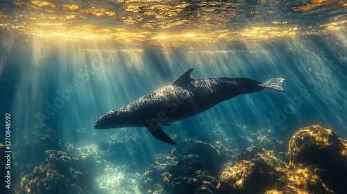 Majestic whale swims gracefully beneath sunlit ocean surface
