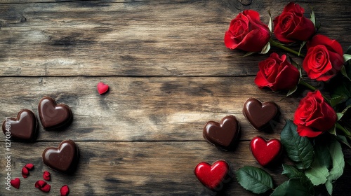 Valentine's Day decoration with red roses and chocolates on rustic wooden sur...