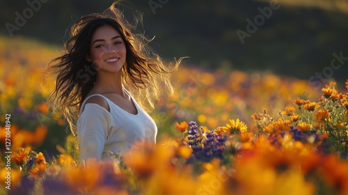 Woman smiling joyfully in a vibrant wildflower field during golden hour