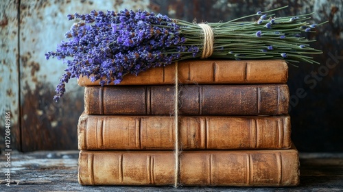 Stack of vintage books wrapped with twine and lavender in a cozy library sett...