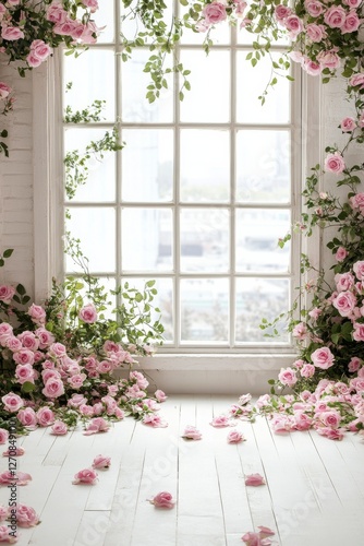 Beautiful interior with pink roses and bright natural light flooding the room