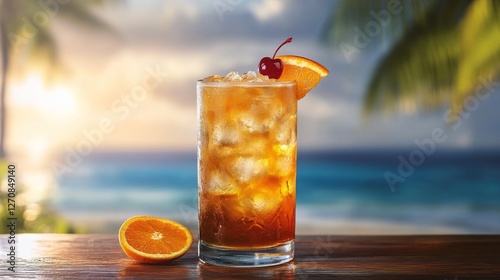 Refreshing tropical cocktail with fruit garnishes on a beach setting at sunset