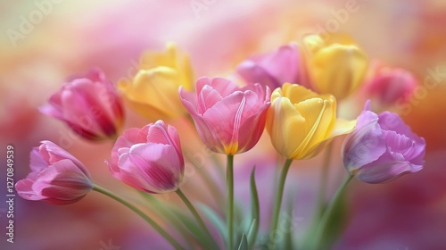 Colorful bouquet of tulips in shades of pink and yellow arranged on a neutral...