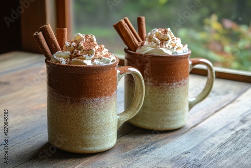Warm cups of hot chocolate topped with whipped cream and cinnamon sticks duri...