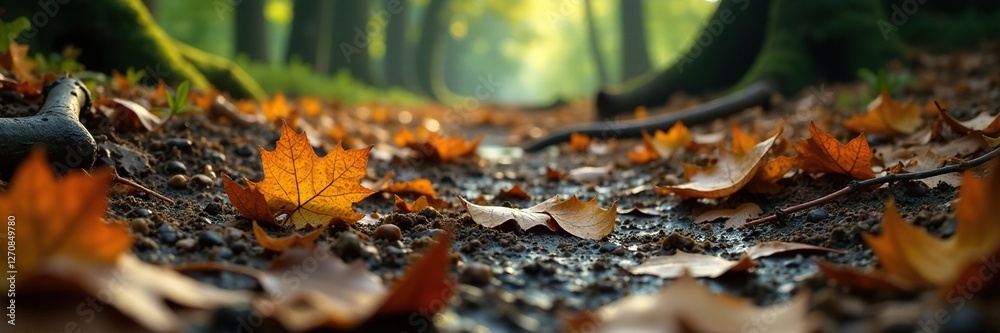Wet forest floor with fallen leaves and twigs, twigs, earthy scent Wet forest floor with fallen leaves and twigs, twigs, earthy scent
