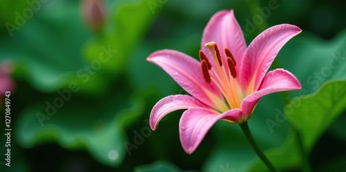 Wet pink lily stem with water droplets on green leaf, flowers, droplets