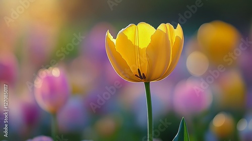 Bright yellow tulip stands out among colorful tulips in a vibrant garden duri...
