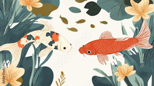 Tranquil Serenity: Koi Fish Gracefully Glide Amidst Aquatic Finery