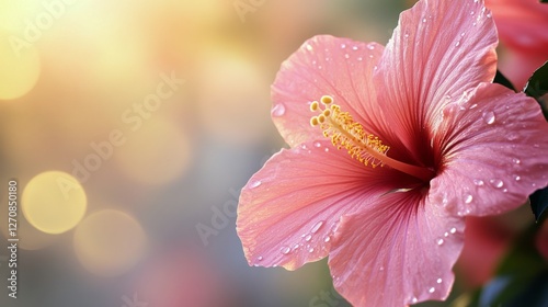 Delicate pink hibiscus flower with dew drops in soft sunlight
