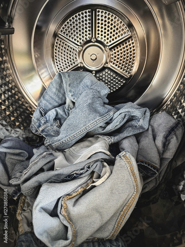 Jeans  was put in to washing machine bucket,prepare for clean,