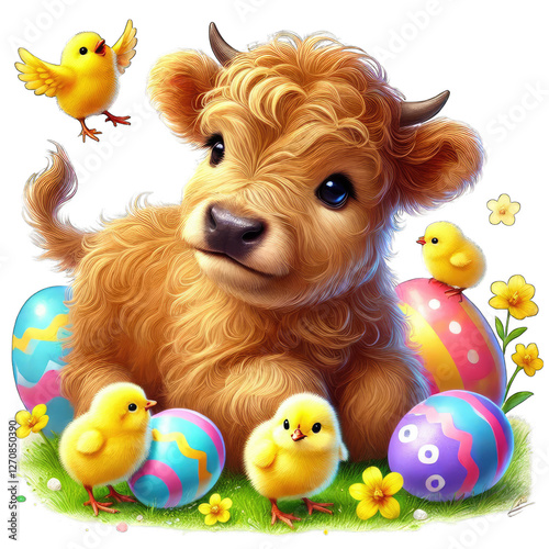 Cute calf with chicks and Easter eggs in a colorful spring scene.